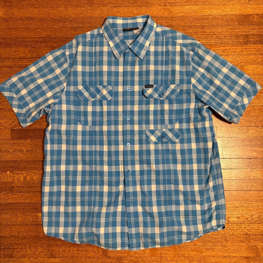 Rocawear Men's 2XL Short Sleeve‎ Plaid Button Up Shirt Blue Cotton